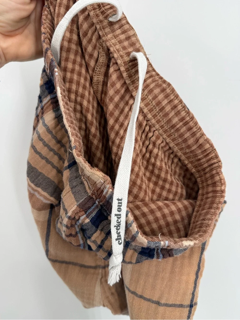 Aerie Checked Out Plaid Cotton Gauze Shorts | Black / Tan / Brown | Small
